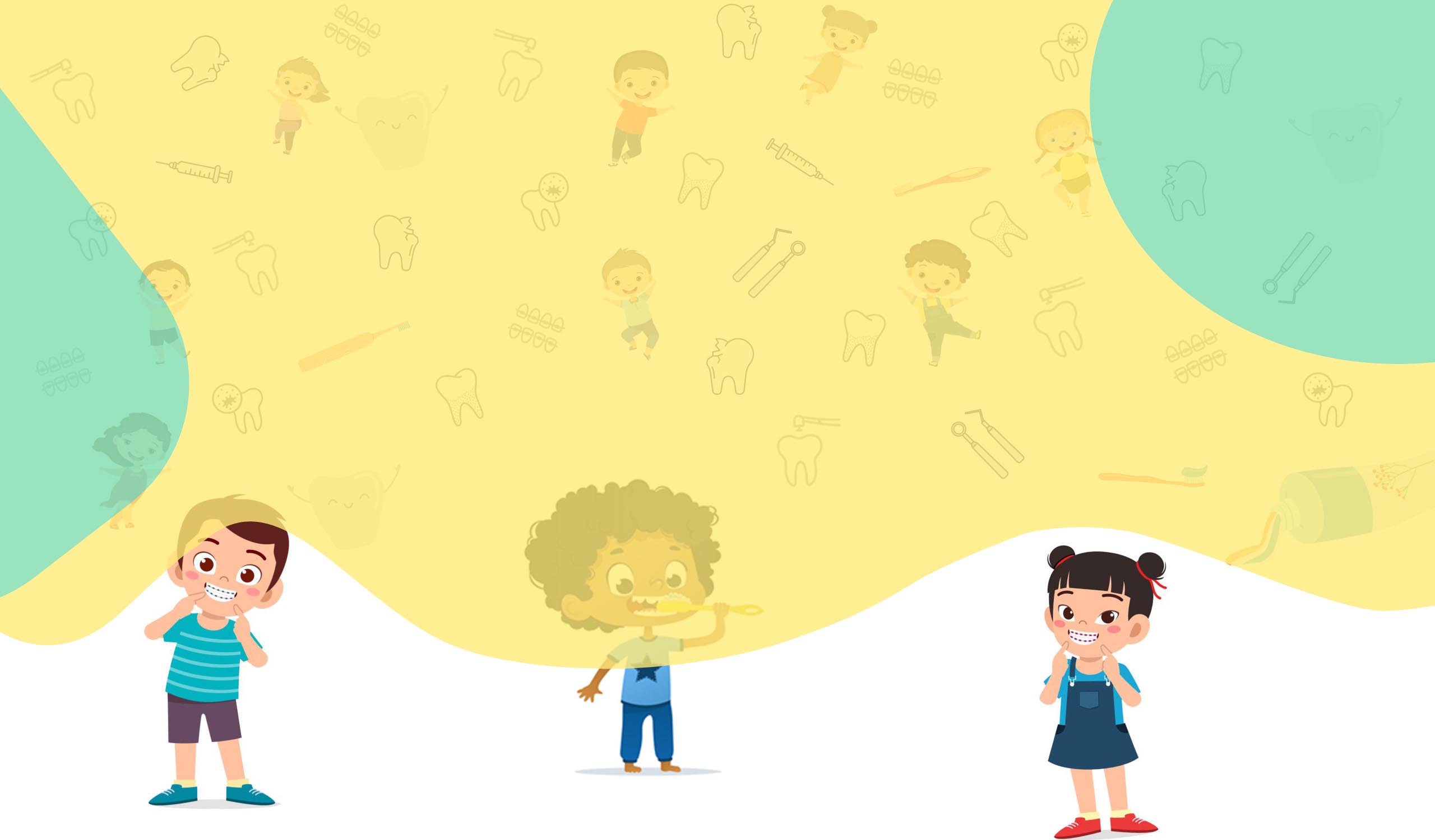 an background image for dental clinic showing kids , tooth , dental tools ,tooth brush ,kids brushing teeth,kids with braces smiling