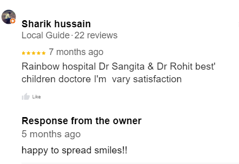 Screenshots of reviews from Google profile for Dr. Sangeeta's pediatric dental clinic.