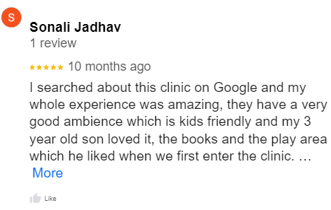 Screenshots of reviews from Google profile for Dr. Sangeeta's pediatric dental clinic.