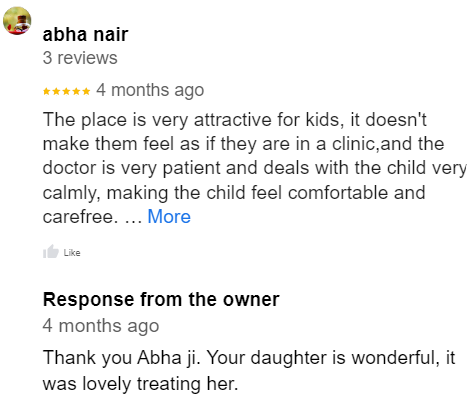 Screenshots of reviews from Google profile for Dr. Sangeeta's pediatric dental clinic.